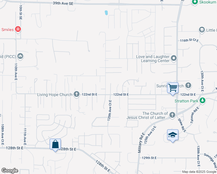map of restaurants, bars, coffee shops, grocery stores, and more near 12101 120th Avenue Court East in Puyallup
