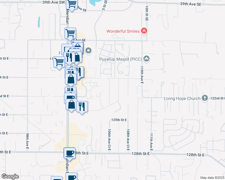 map of restaurants, bars, coffee shops, grocery stores, and more near 12024 107th Avenue Court East in Puyallup
