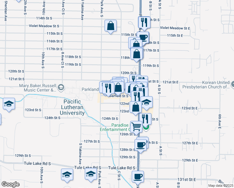 map of restaurants, bars, coffee shops, grocery stores, and more near 420 Wheeler Street South in Tacoma