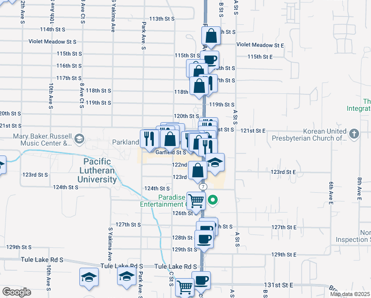 map of restaurants, bars, coffee shops, grocery stores, and more near in Tacoma
