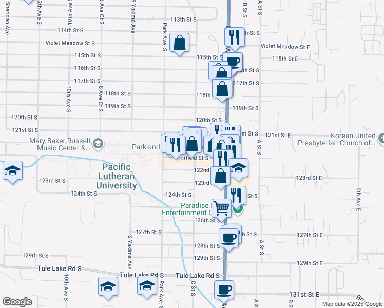 map of restaurants, bars, coffee shops, grocery stores, and more near 420 Wheeler Street South in Tacoma