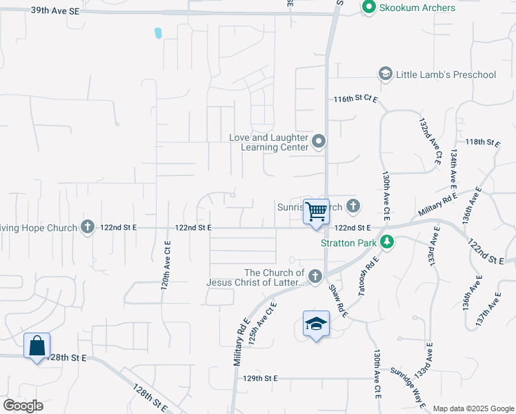 map of restaurants, bars, coffee shops, grocery stores, and more near 12025 124th Avenue Court East in Puyallup