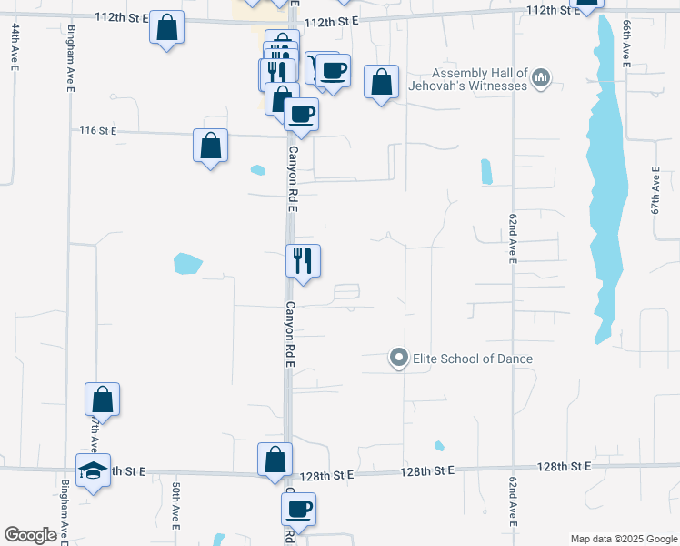 map of restaurants, bars, coffee shops, grocery stores, and more near 12104 55th Avenue Court East in Puyallup