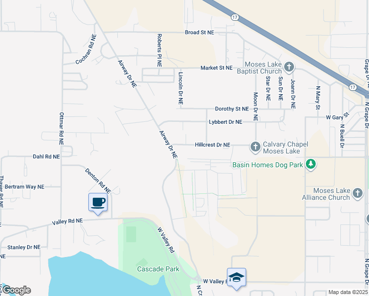 map of restaurants, bars, coffee shops, grocery stores, and more near 8507 Hillcrest Drive Northeast in Moses Lake
