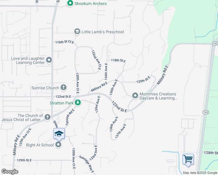 map of restaurants, bars, coffee shops, grocery stores, and more near 12011 134th Avenue East in Puyallup