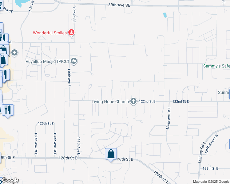 map of restaurants, bars, coffee shops, grocery stores, and more near 12024 115th Avenue Court East in Puyallup
