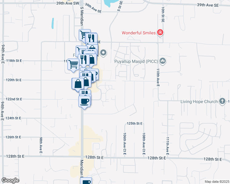 map of restaurants, bars, coffee shops, grocery stores, and more near 12112 105th Avenue Court East in Puyallup