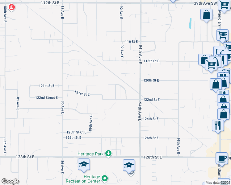 map of restaurants, bars, coffee shops, grocery stores, and more near 12105 91st Avenue Court in Puyallup
