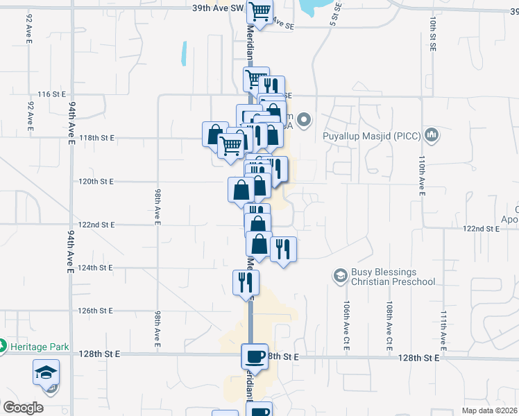 map of restaurants, bars, coffee shops, grocery stores, and more near 12117 South Meridian in Puyallup