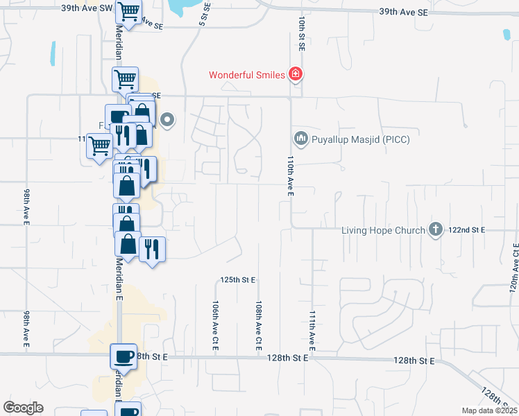 map of restaurants, bars, coffee shops, grocery stores, and more near 12008 108th Avenue Court East in South Hill