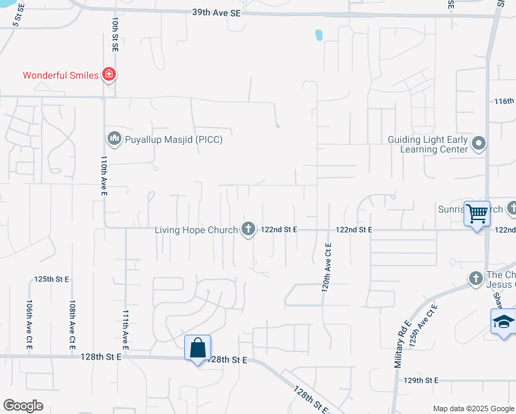 map of restaurants, bars, coffee shops, grocery stores, and more near 12026 117th Avenue Southeast in Puyallup