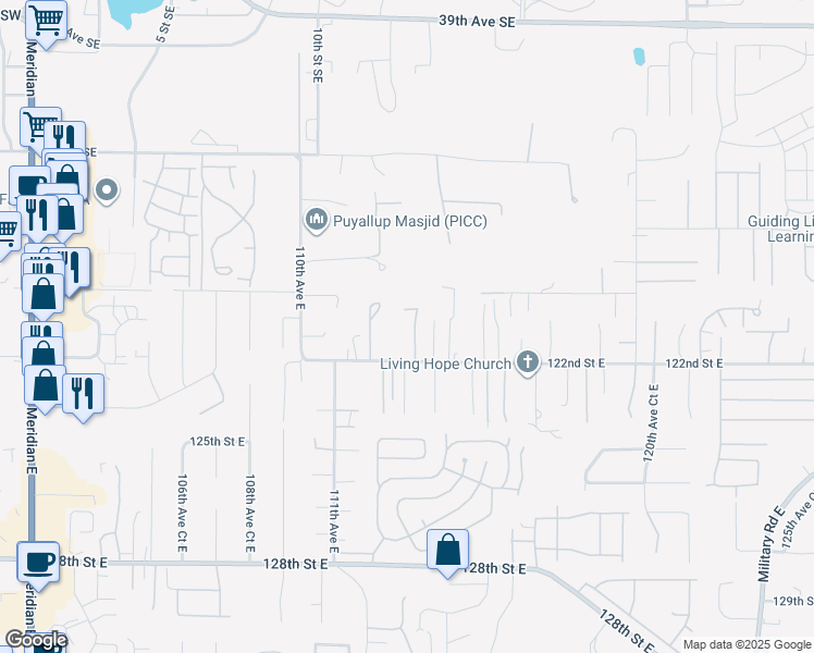 map of restaurants, bars, coffee shops, grocery stores, and more near 12010 113th Avenue Court East in Puyallup