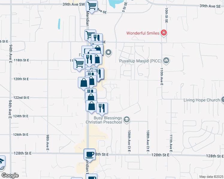 map of restaurants, bars, coffee shops, grocery stores, and more near 12112 105th Avenue Court East in Puyallup