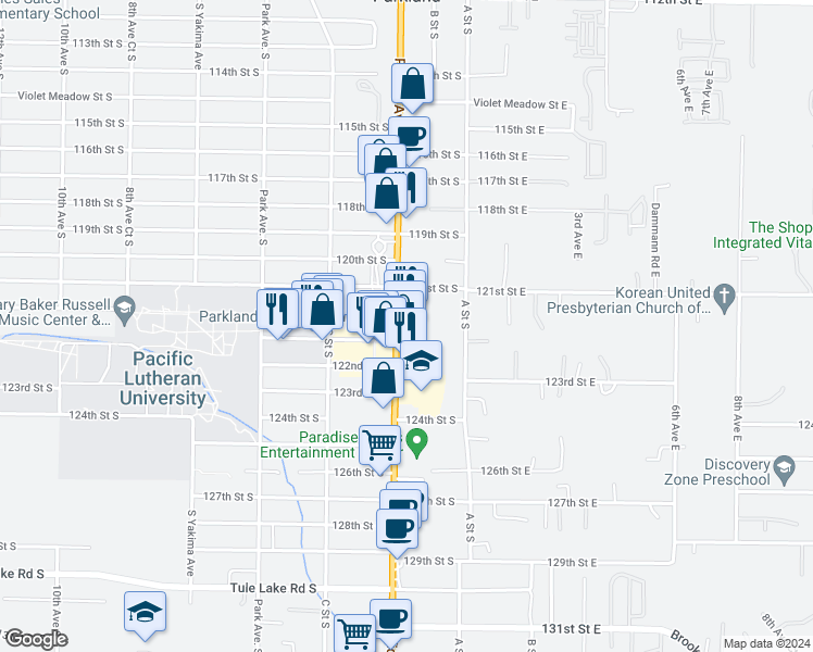 map of restaurants, bars, coffee shops, grocery stores, and more near 12155 Pacific Avenue South in Tacoma