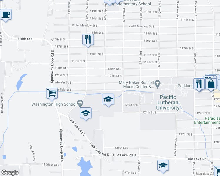 map of restaurants, bars, coffee shops, grocery stores, and more near 1307 Garfield Street South in Tacoma
