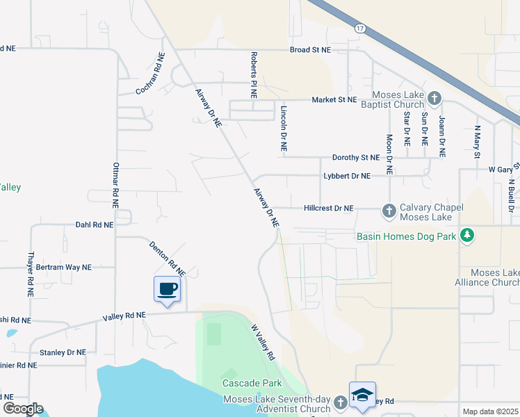 map of restaurants, bars, coffee shops, grocery stores, and more near 4046 Airway Drive Northeast in Moses Lake