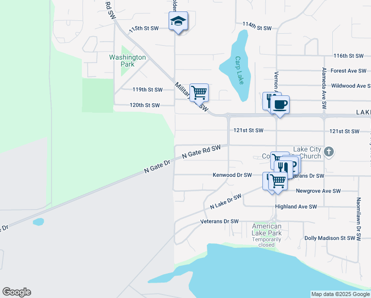 map of restaurants, bars, coffee shops, grocery stores, and more near 9832 Winona Street Southwest in Lakewood