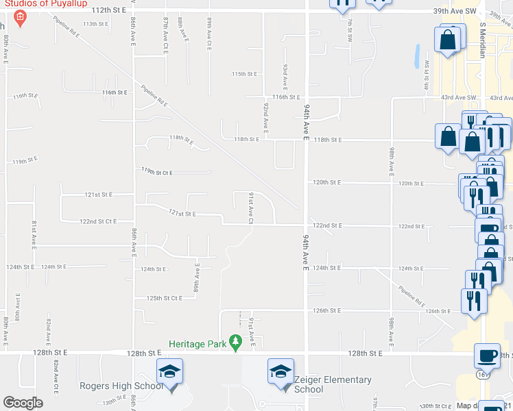 map of restaurants, bars, coffee shops, grocery stores, and more near 12105 91st Avenue Court in Puyallup