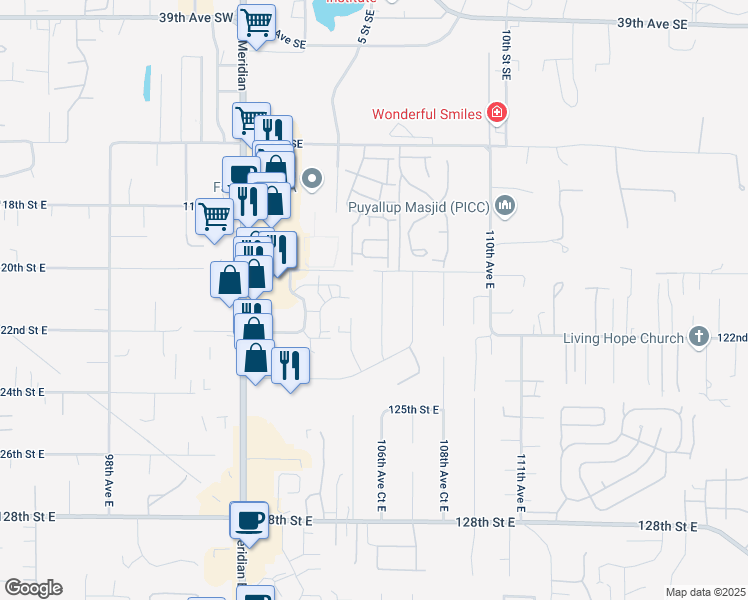 map of restaurants, bars, coffee shops, grocery stores, and more near 12024 106th Avenue Court East in Puyallup