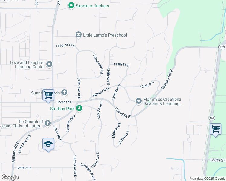 map of restaurants, bars, coffee shops, grocery stores, and more near 12011 134th Avenue East in Puyallup