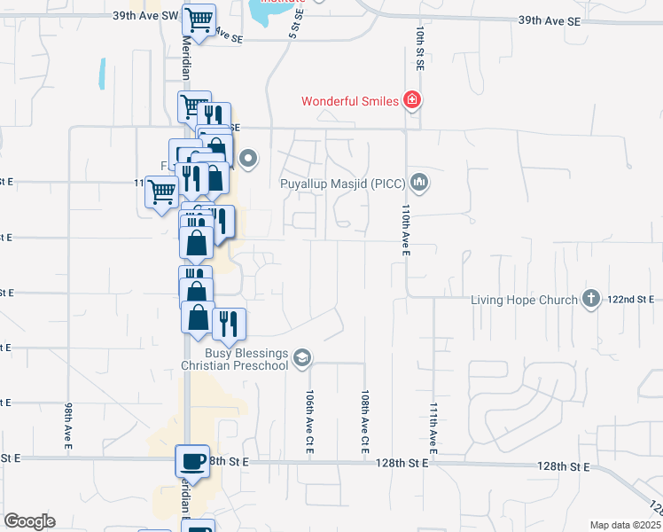 map of restaurants, bars, coffee shops, grocery stores, and more near 12024 107th Avenue Court East in Puyallup
