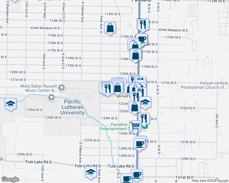 map of restaurants, bars, coffee shops, grocery stores, and more near 400 Wheeler Street South in Parkland