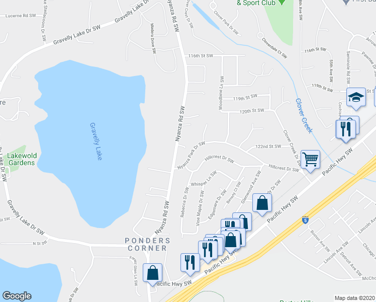 map of restaurants, bars, coffee shops, grocery stores, and more near 12119 Nyanza Road Southwest in Lakewood