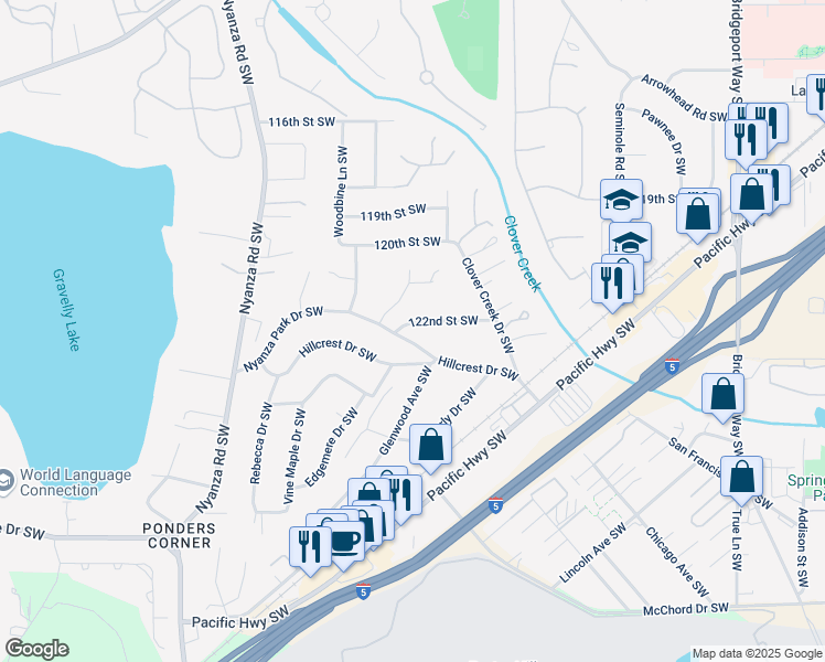 map of restaurants, bars, coffee shops, grocery stores, and more near 6015 Nyanza Park Drive Southwest in Lakewood