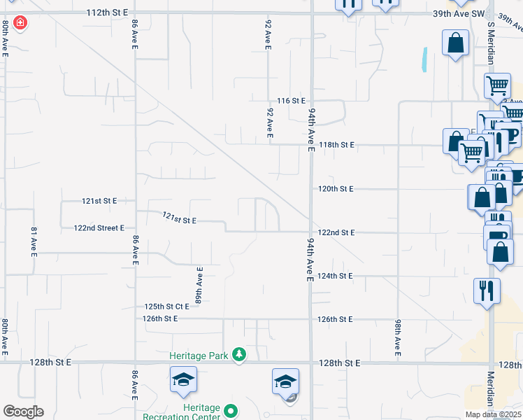 map of restaurants, bars, coffee shops, grocery stores, and more near 12105 91st Avenue Court in Puyallup
