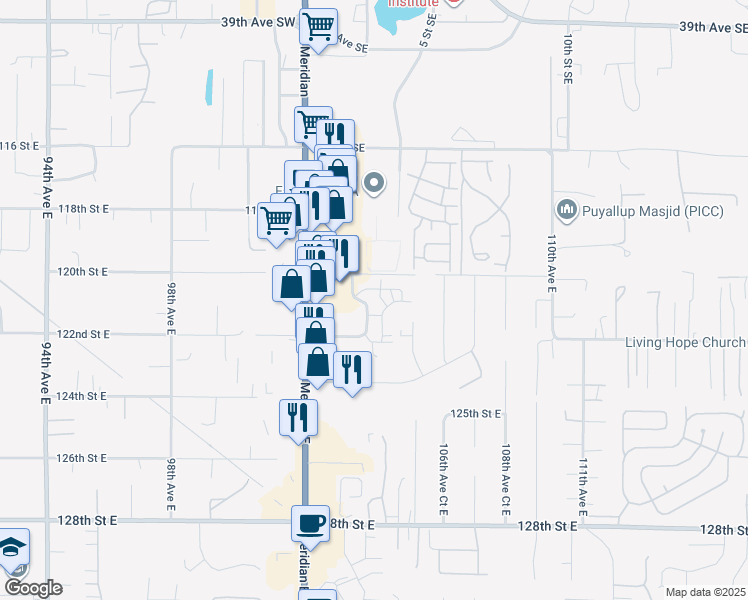 map of restaurants, bars, coffee shops, grocery stores, and more near 12111 104th Avenue East in Puyallup