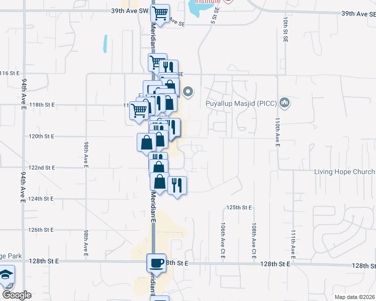 map of restaurants, bars, coffee shops, grocery stores, and more near 12110 104th Avenue East in Puyallup