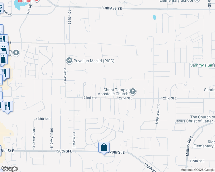 map of restaurants, bars, coffee shops, grocery stores, and more near 12024 115th Avenue Court East in Puyallup