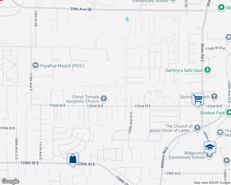 map of restaurants, bars, coffee shops, grocery stores, and more near 12010 119th Avenue East in Puyallup