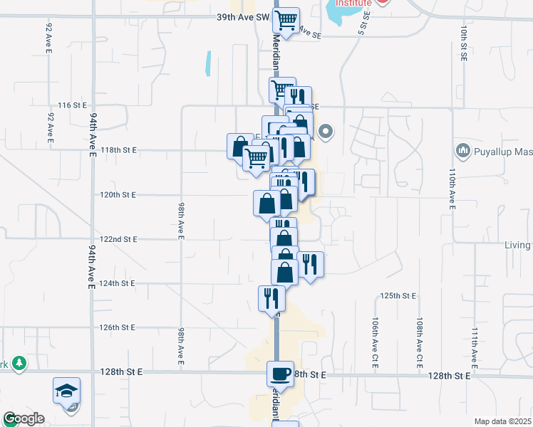 map of restaurants, bars, coffee shops, grocery stores, and more near 12020 Meridian Avenue East in Puyallup