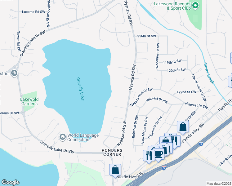 map of restaurants, bars, coffee shops, grocery stores, and more near 12208 Nyanza Rd SW in Tacoma