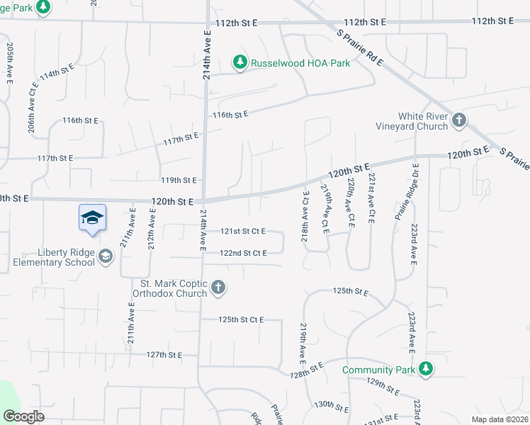 map of restaurants, bars, coffee shops, grocery stores, and more near 21624 120th Street East in Sumner