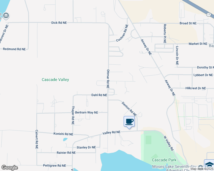 map of restaurants, bars, coffee shops, grocery stores, and more near 4033 Ottmar Road Northeast in Moses Lake