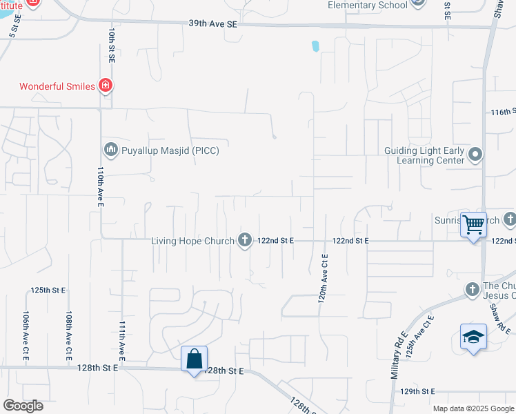 map of restaurants, bars, coffee shops, grocery stores, and more near 12026 117th Avenue Southeast in Puyallup