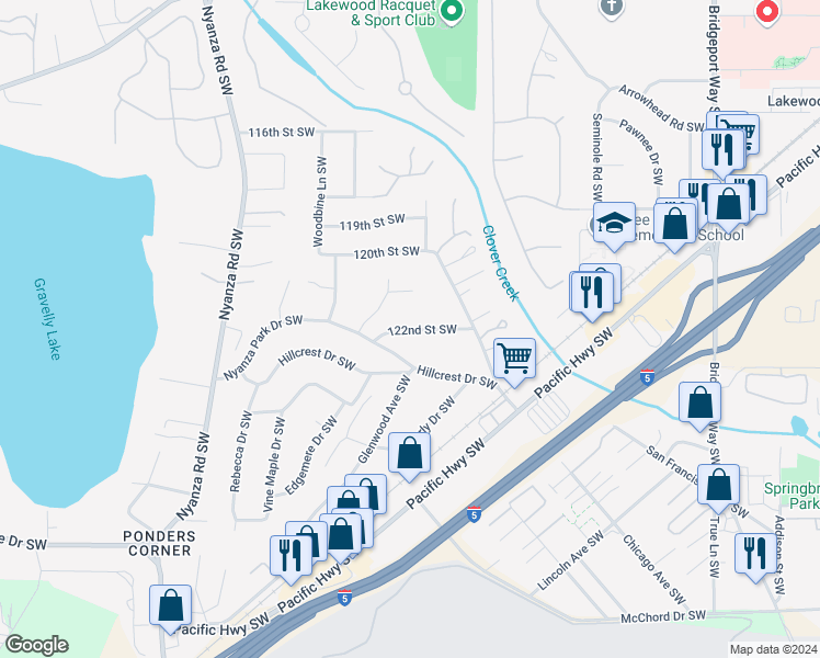 map of restaurants, bars, coffee shops, grocery stores, and more near 6015 Nyanza Park Drive Southwest in Lakewood