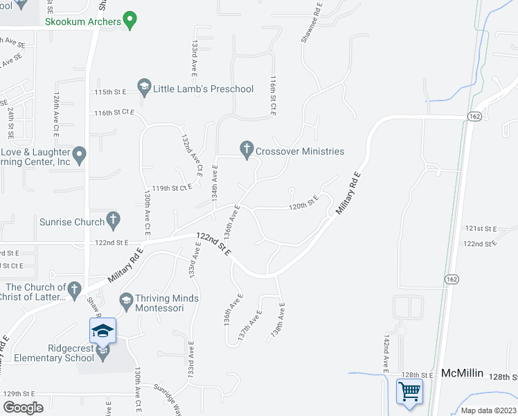 map of restaurants, bars, coffee shops, grocery stores, and more near 13612 120th Street East in Puyallup