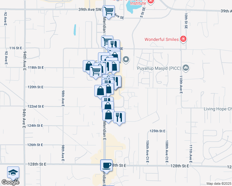 map of restaurants, bars, coffee shops, grocery stores, and more near 12117 South Meridian in Puyallup