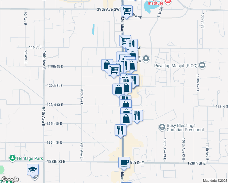 map of restaurants, bars, coffee shops, grocery stores, and more near 12020 Meridian Avenue East in Puyallup