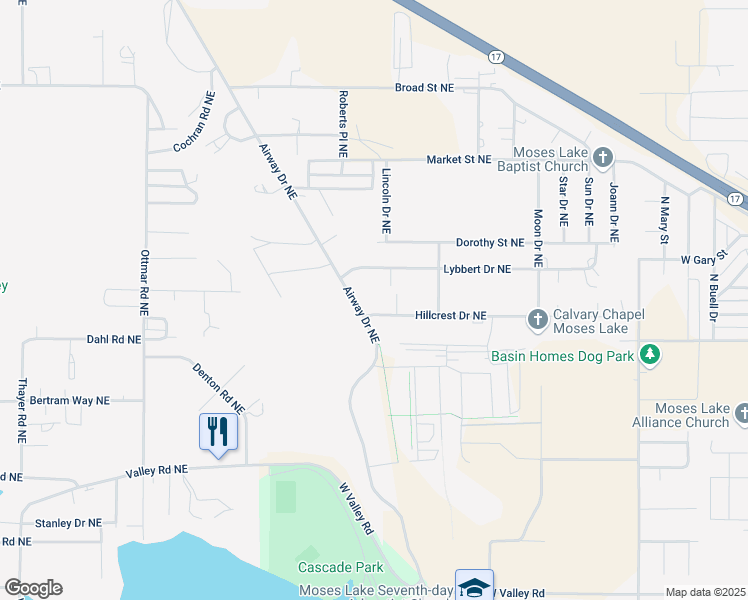 map of restaurants, bars, coffee shops, grocery stores, and more near 4046 Airway Drive Northeast in Moses Lake