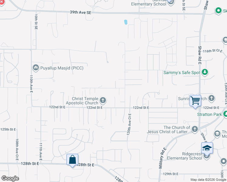 map of restaurants, bars, coffee shops, grocery stores, and more near 12020 119th Avenue East in Puyallup