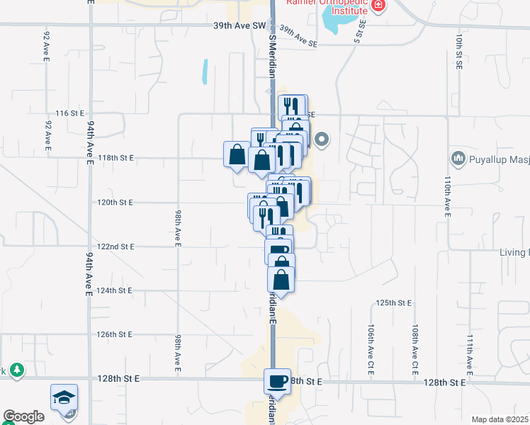 map of restaurants, bars, coffee shops, grocery stores, and more near 12020 Meridian Avenue East in Puyallup
