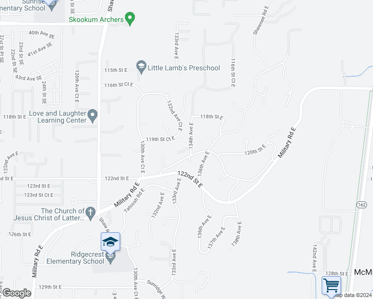 map of restaurants, bars, coffee shops, grocery stores, and more near 13326 120th Street East in Puyallup