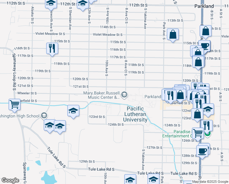 map of restaurants, bars, coffee shops, grocery stores, and more near 909 Wheeler Street South in Tacoma