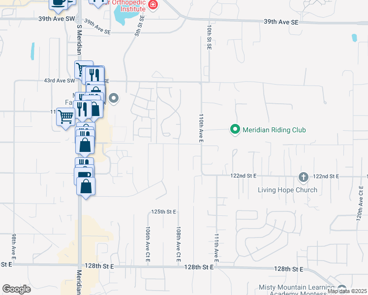 map of restaurants, bars, coffee shops, grocery stores, and more near 12008 108th Avenue Court East in South Hill