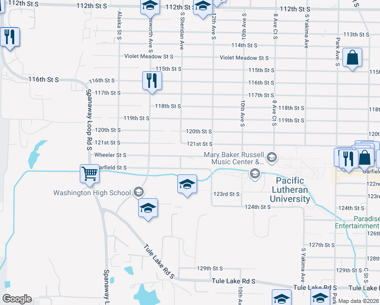 map of restaurants, bars, coffee shops, grocery stores, and more near 1309 Garfield Street South in Tacoma