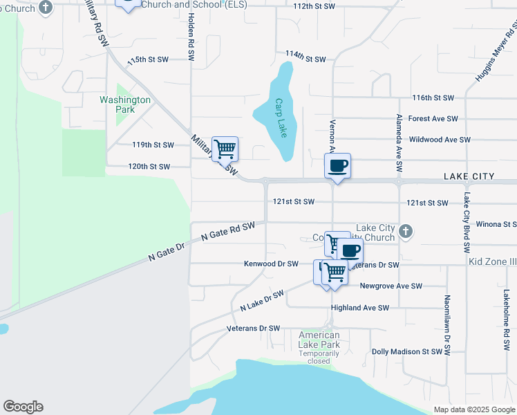 map of restaurants, bars, coffee shops, grocery stores, and more near 9703 121st Street Southwest in Tacoma